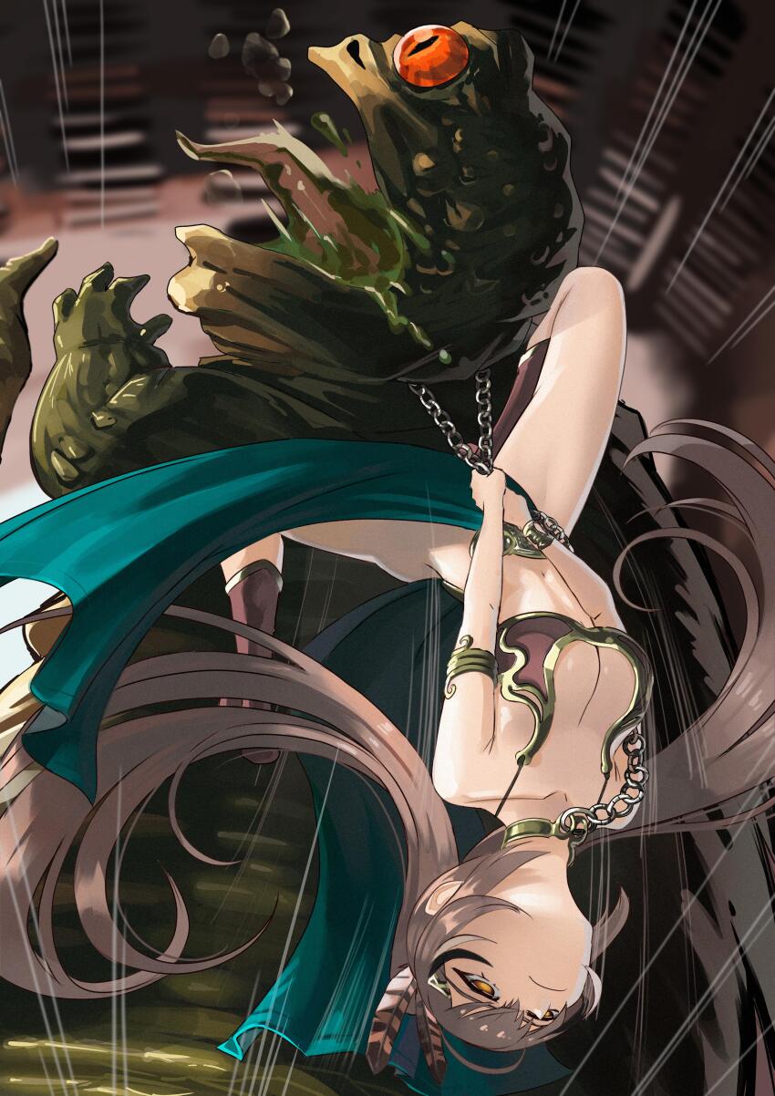 absurdres asphyxiation boots breasts brown_boots brown_hair cahryos chain cleavage cosplay feathers highres hololive hololive_english huttslayer_leia jabba_the_hutt long_hair nanashi_mumei navel open_mouth princess_leia princess_leia_(cosplay) revealing_clothes star_wars strangling upside-down virtual_youtuber yellow_eyes
