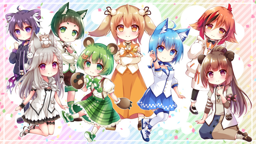 6+girls animal_ear_fluff animal_ears animare bear_ears bear_hair_ornament bear_paws black_ribbon dog_ears haibara_akane hair_ornament hashiba_natsumi_(animare) highres hinokuma_ran inaba_haneru_(animare) kazami_kuku multiple_girls nanashi_inc. ribbon shiromiya_mimi souya_ichika souya_ichika_(1st_costume) twintails usaba_(usabara_c) virtual_youtuber yunohara_izumi