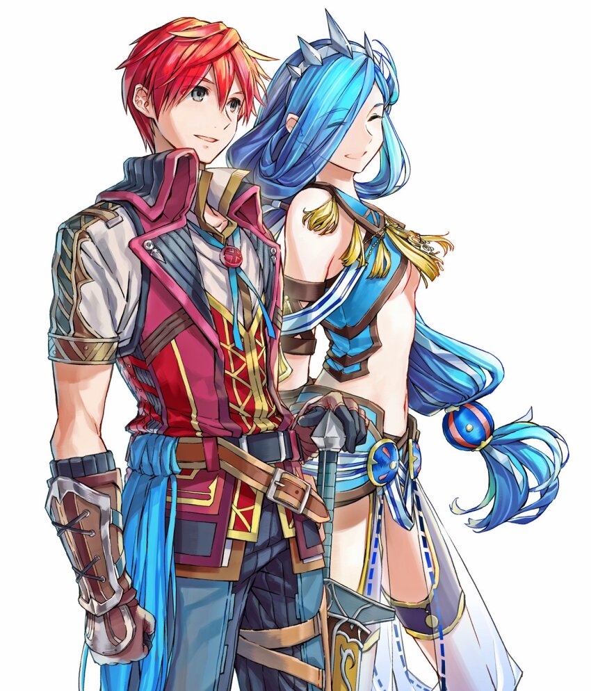 1boy 1girl :d adol_christin armor arms_behind_back belt blue_hair breasts clenched_hand closed_eyes dana_iclucia faulds gloves grey_eyes hair_over_one_eye hairband highres jacket long_hair low_twintails nakbe navel neck_ribbon official_art open_clothes open_jacket open_mouth pants red_hair revealing_clothes ribbon second-party_source see-through_clothes short_hair simple_background sleeveless sleeveless_jacket smile spiked_hairband spikes stomach tassel thigh_strap twintails underboob vambraces vest waistcoat white_background ys ys_viii:_lacrimosa_of_dana