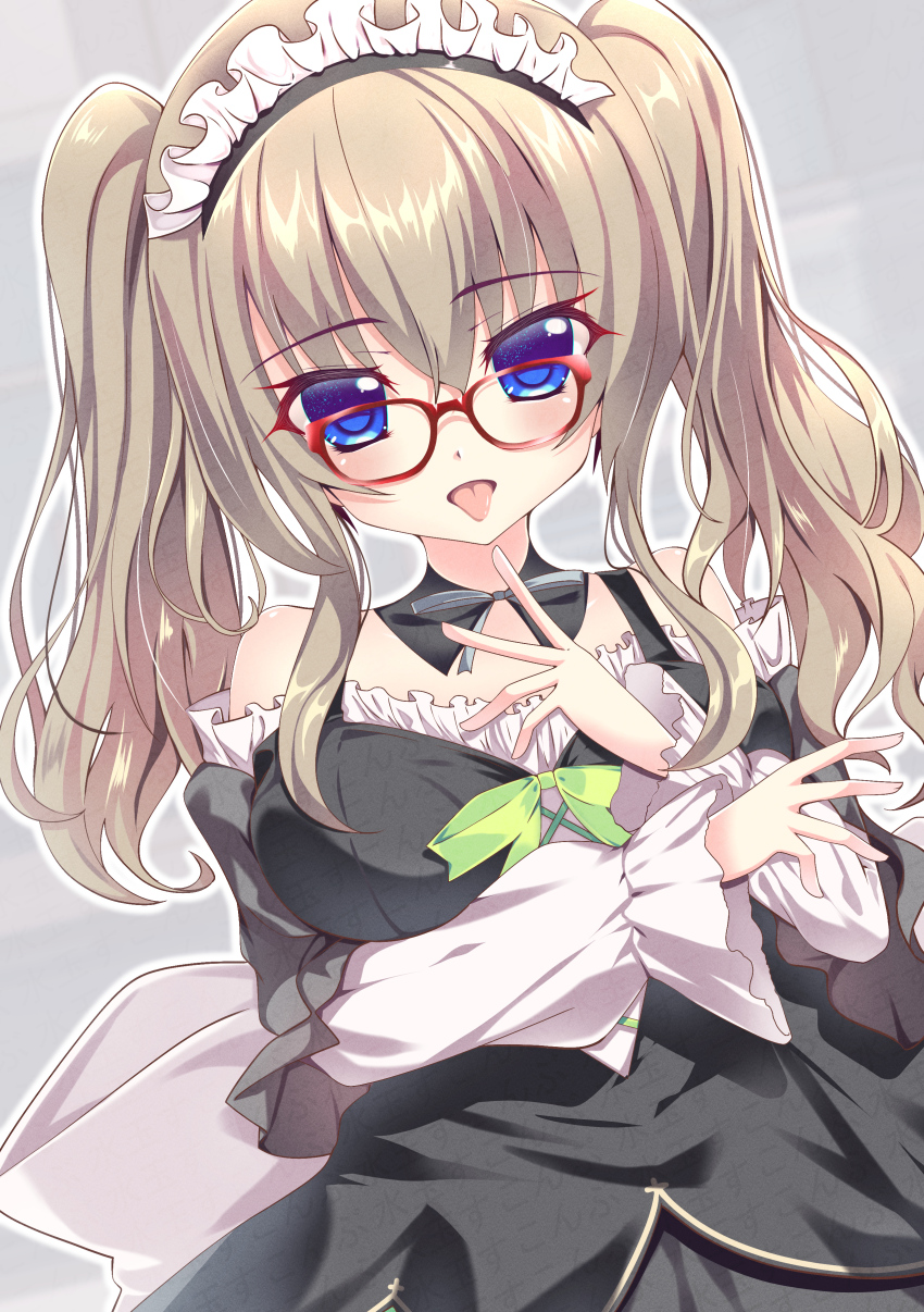 1girl 9-nine- absurdres arm_under_breasts bare_shoulders black_dress blue_eyes blush bow bowtie breasts brown_hair commentary_request cowboy_shot detached_collar dress dress_bow dutch_angle eyelashes eyes_visible_through_hair frilled_dress frills glasses green_bow grey_background grey_bow grey_bowtie hair_between_eyes hand_up highres kujou_miyako large_breasts long_hair looking_at_viewer maid maid_headdress official_alternate_costume official_alternate_hairstyle open_mouth red-framed_eyewear sample_watermark sidelocks simple_background sleeveless sleeveless_dress solo sukonbu385 tongue tongue_out twintails watermark