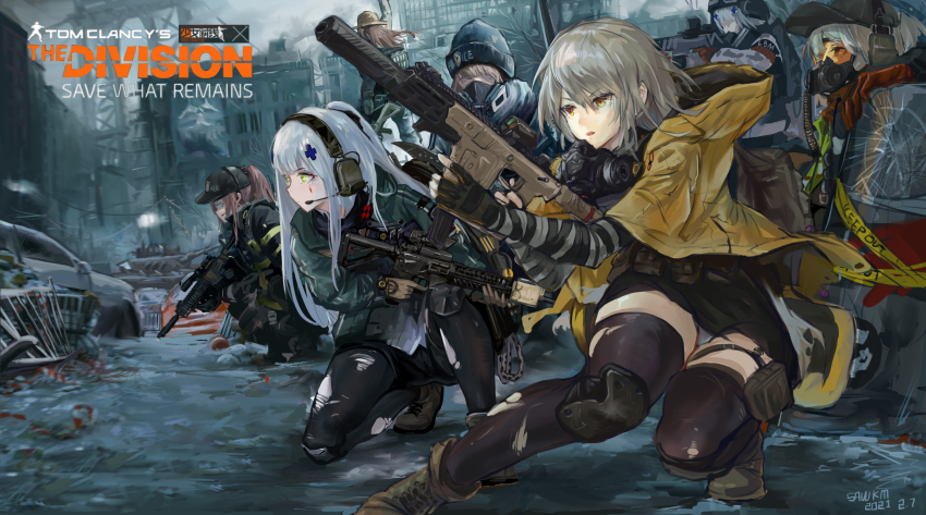 6+girls absurdres agent_416_(girls&#039;_frontline) agent_vector_(girls&#039;_frontline) assault_rifle baseball_cap camouflage commentary_request crossover english_text gas_mask girls&#039;_frontline gun h&amp;k_hk416 hat highres hk416_(fang)_(girls&#039;_frontline) hk416_(girls&#039;_frontline) kriss_usa kriss_vector last_man_battalion magpul mask multiple_girls osprey_45 polygonal_suppressor respirator rifle riot_shield sawkm scenery shield shotgun silencerco snow_camouflage st_ar-15_(girls&#039;_frontline) submachine_gun suppressor tactical_clothes tom_clancy&#039;s_the_division torn_clothes torn_legwear transformational_defense_industries tube vector_(girls&#039;_frontline) vector_(hellfire)_(girls&#039;_frontline) weapon