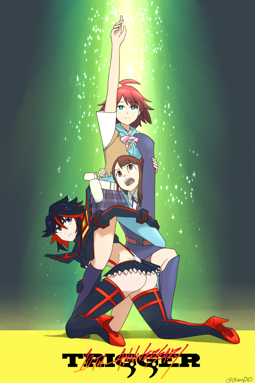 3girls absurdres ahoge anniversary ass belt black_hair blue_eyes blunt_bangs boots brown_hair closed_mouth crossover diooksan full_body gun gundam gundam_narrative hand_on_another&#039;s_shoulder high_heel_boots high_heels highres holster holstered index_finger_raised kagari_atsuko kill_la_kill knee_boots kneeling leg_grab little_witch_academia logo long_hair luna_nova_school_uniform matoi_ryuuko microskirt multicolored_hair multiple_girls oksandio on_one_knee open_mouth plaid_clothes plaid_skirt pointing pointing_up red_eyes red_hair school_uniform senketsu short_hair skirt spotlight streaked_hair suspender_skirt suspenders thigh_boots thighhighs torso_grab trigger-chan trigger_(company) two-tone_hair weapon