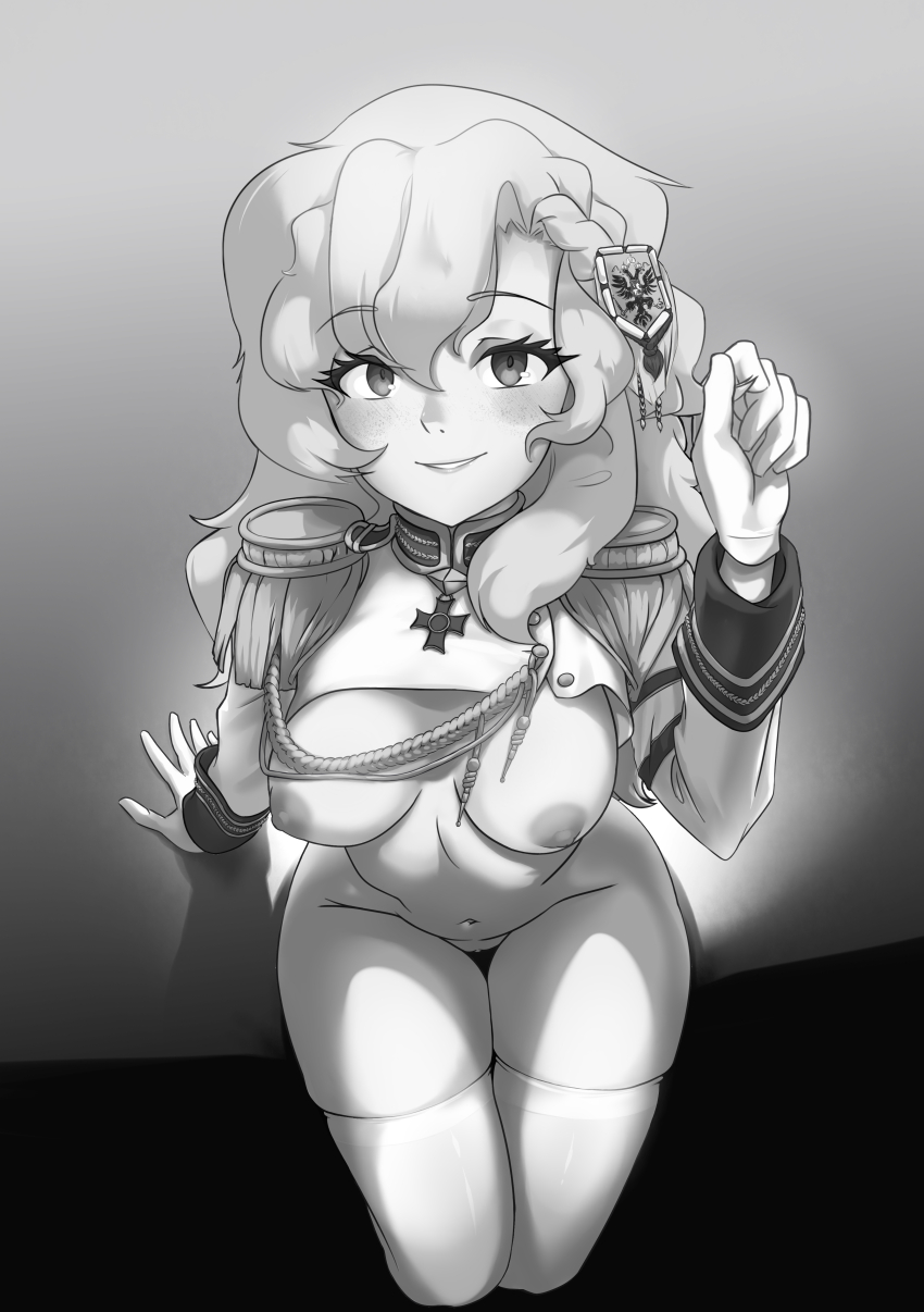 1girl absurdres aiguillette alpha_(alpha_1918) armband bare_hips blush borrowed_character breasts buttons clitoral_hood clitoris collar cross cross_pendant double-headed_eagle epaulettes fluffy fluffy_hair from_above gloves grin hair_between_eyes hand_up headgear high_collar highres lips long_hair looking_at_viewer medium_breasts midriff military military_dress_uniform military_uniform monochrome navel nipples original pussy russia russian_empire sitting smile soldier solo teeth thick_thighs thighhighs thighs velikain very_long_hair white_gloves white_thighhighs wide_hips