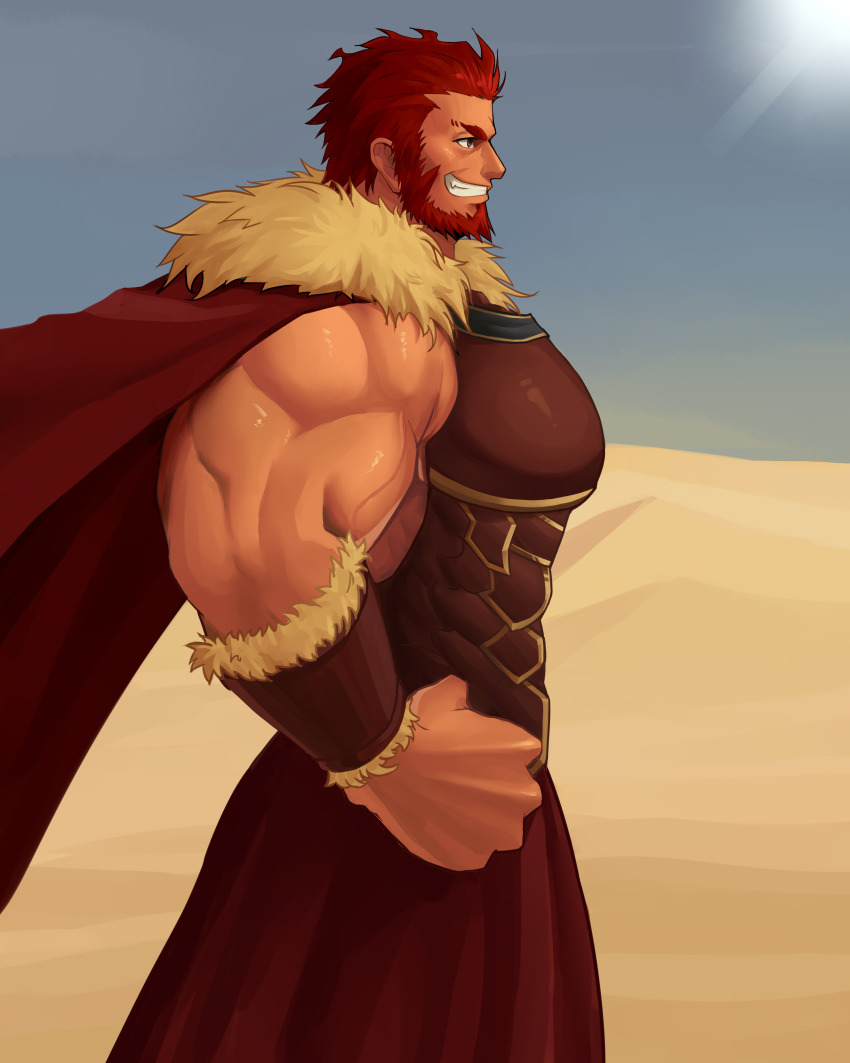 1boy abs absurdres bara beard cape cowboy_shot facial_hair fate/grand_order fate/zero fate_(series) hand_on_own_hip highres iskandar_(fate) large_pectorals male_focus manly muscular pectorals red_eyes red_hair samuel short_hair solo standing