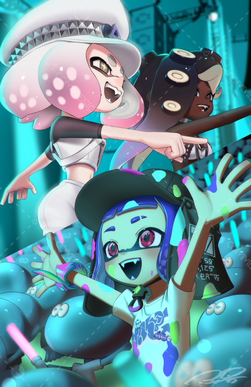 3girls aqua_eyes arms_up aviator_cap bikini black_hair black_hat black_tongue blonde_hair breasts chin_strap choker cleavage commentary commission concert crop_top cross-shaped_pupils dark-skinned_female dark_skin english_commentary eyebrow_cut fangs furrowed_brow glowstick gradient_hair hat highres holding holding_glowstick inkling inkling_girl inkling_player_character jellyfish_(splatoon) jewelry long_hair marina_(grand_festival)_(splatoon) marina_(splatoon) medium_hair midriff mismatched_eyebrows mole mole_under_mouth multicolored_hair multiple_girls navel necklace nintendo octoling official_alternate_costume open_mouth paint_splatter pants parted_bangs peaked_cap pearl_(grand_festival)_(splatoon) pearl_(splatoon) pink_eyes print_shirt puchiman purple_hair shirt short_hair signature smile splatoon_(series) splatoon_3 swimsuit symbol-shaped_pupils t-shirt tentacle_hair two-tone_hair watermark white_bikini white_choker white_hair white_hat white_pants white_shirt wristband yellow_eyes
