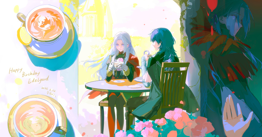 2girls absurdres artuvia cape chair cup edelgard_von_hresvelg female_byleth_(fire_emblem) fire_emblem fire_emblem:_three_houses flower green_hair highres long_hair multiple_girls nintendo purple_eyes red_cape red_flower sitting teacup white_hair