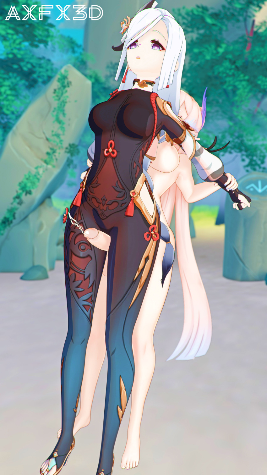 1futa 1girl 3d :o absurdres arm_grab axfx3d blonde_hair breasts clothed_female_nude_female clothed_sex cum ejaculation erection frottage futa_with_female futanari genshin_impact grabbing_from_behind highres large_breasts large_penis long_hair medium_breasts nude open_mouth penis ponytail purple_eyes rubbing sangonomiya_kokomi shenhe_(genshin_impact) size_difference thigh_sex white_hair
