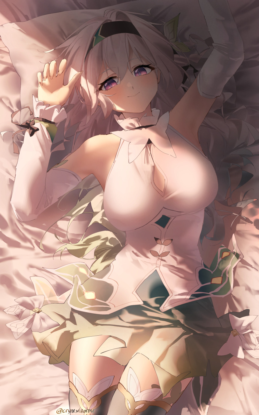 1girl absurdres arm_up bare_shoulders bed_sheet black_hairband blush breasts closed_mouth commentary cryne detached_sleeves firefly_(honkai:_star_rail) from_above green_skirt grey_hair hairband hand_up highres honkai:_star_rail honkai_(series) large_breasts long_hair long_sleeves looking_at_viewer lying no_jacket on_back on_bed pillow purple_eyes shirt skirt smile solo thighs twitter_username white_shirt