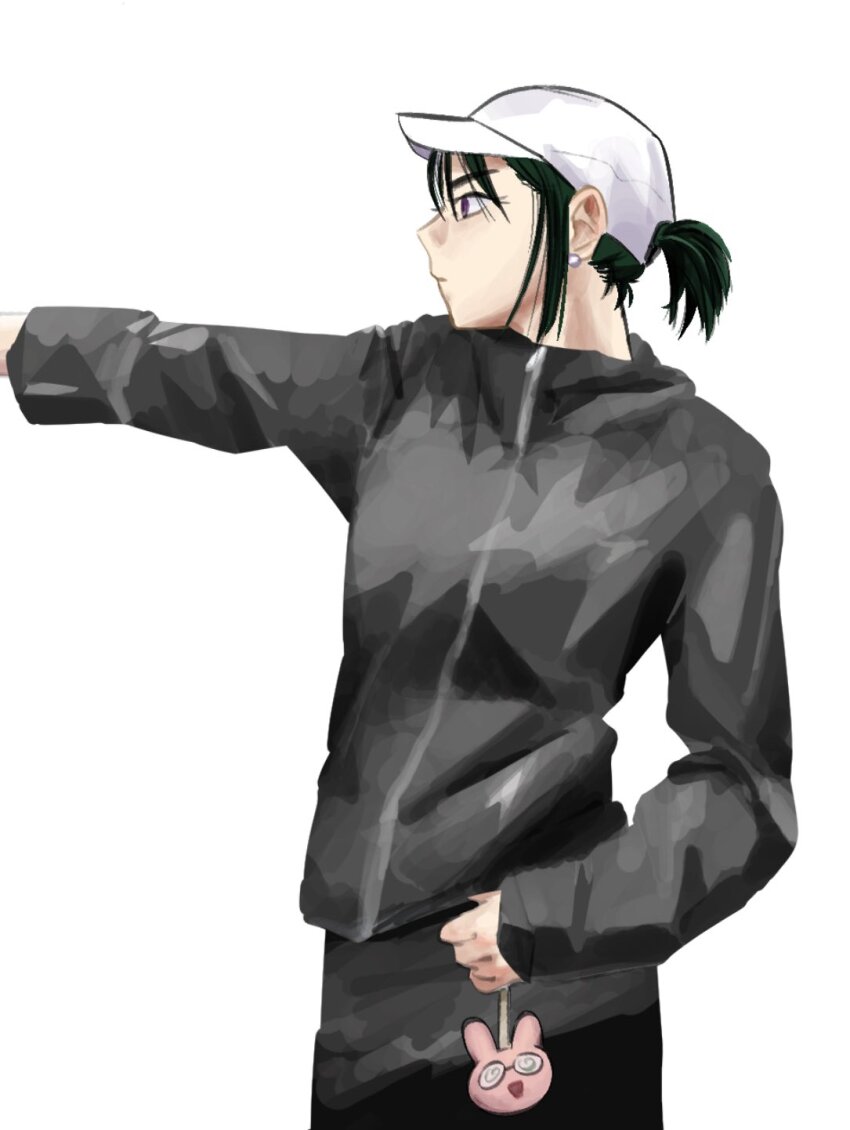 1girl alien_stage arm_up baseball_cap black_hair black_jacket charm_(object) commentary cowboy_shot earrings from_side hat highres holding holding_charm jacket jewelry kim_yeji long_sleeves motii ponytail purple_eyes short_hair short_ponytail simple_background solo sua_(alien_stage) symbol-only_commentary white_background white_hair