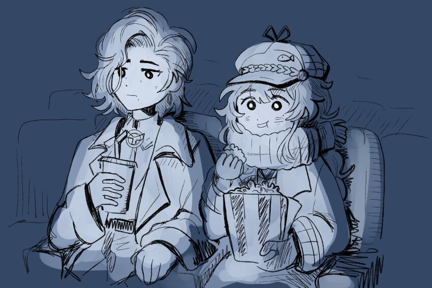 2girls blue_theme bucket cabbie_hat closed_mouth coat cup disposable_cup drinking_straw eating food greta_hofmann greyscale hat highres holding holding_bucket holding_cup holding_food long_hair marcus_(reverse:1999) mogufuuri mole mole_under_eye mole_under_mouth monochrome multiple_girls o_o popcorn reverse:1999 scarf short_hair sitting theater_seating upper_body watching