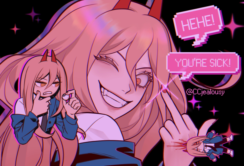 1girl ;) artist_name black_necktie blood chainsaw_man collared_shirt cross-shaped_pupils czy_(2894456992) demon_horns fangs finger_heart grin hair_between_eyes holding horns jacket long_hair looking_at_viewer middle_finger multiple_girls multiple_views necktie one_eye_closed power_(chainsaw_man) red_horns sharp_teeth shirt smile symbol-shaped_pupils teeth white_shirt yellow_eyes