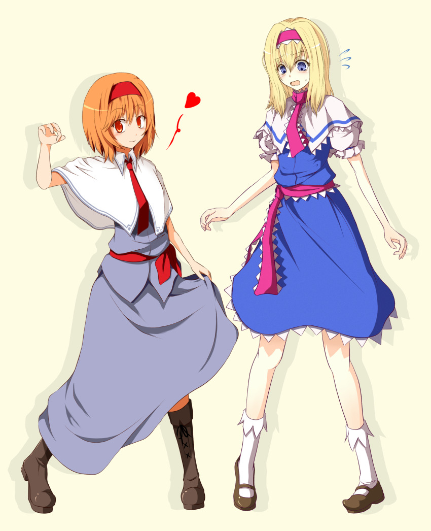 2girls alice_margatroid blonde_hair blue_dress blue_eyes blush boots brown_footwear capelet collared_capelet commentary_request cookie_(touhou) cosplay costume_switch dress dual_persona flying_sweatdrops frilled_hairband frilled_necktie frilled_sash frills full_body grey_skirt grey_vest hairband heart highres hinase_(cookie) looking_at_viewer looking_down mary_janes multiple_girls necktie open_mouth orange_hair pigeon-toed pink_hairband pink_necktie pink_sash red_hairband red_necktie red_sash sakuna_brownie sash shirt shoes short_hair simple_background skirt sleeveless sleeveless_dress smile socks touhou vest white_capelet white_shirt white_socks