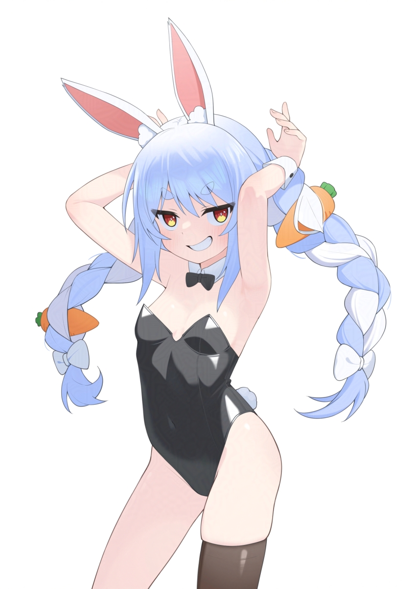 1girl absurdres animal_ears black_leotard black_thighhighs blue_eyes braid breasts carrot_hair_ornament closed_mouth collar detached_collar food-themed_hair_ornament hair_ornament highres hololive leotard looking_at_viewer multicolored_hair orange_eyes rabbit-shaped_pupils rabbit_ears rabbit_girl rabbit_pose rabbit_tail single_thighhigh small_breasts smile solo symbol-shaped_pupils tail thighhighs twin_braids two-tone_hair ugaaaa1 usada_pekora virtual_youtuber white_collar white_hair white_wrist_cuffs wrist_cuffs