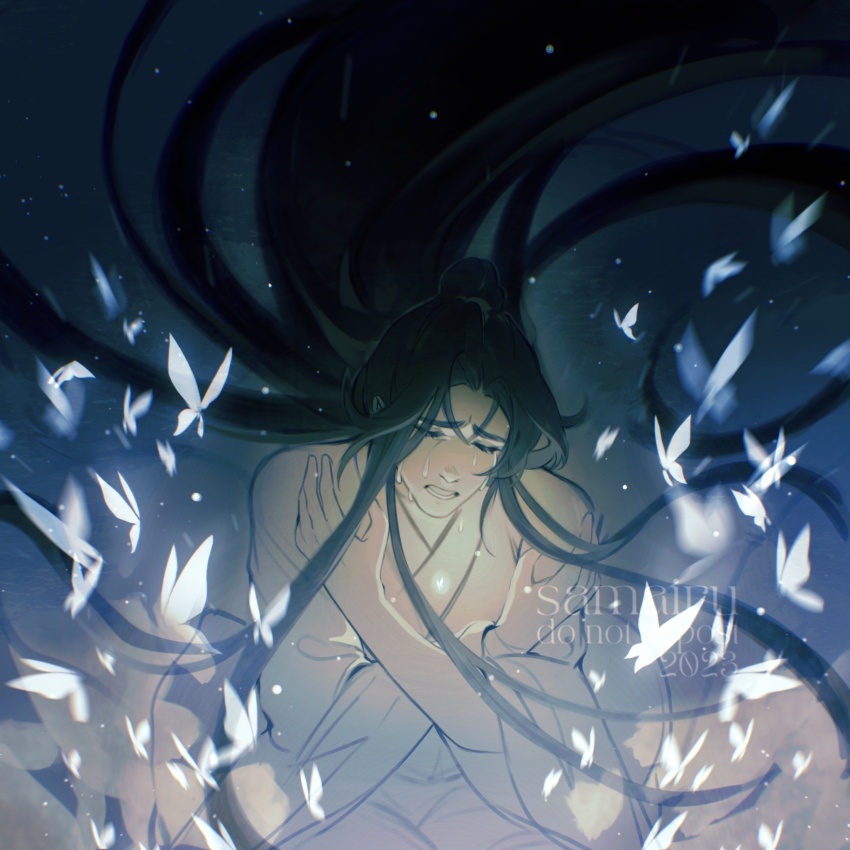 1boy artist_name bishounen black_hair blue_background blue_theme blurry blurry_foreground bug butterfly chinese_clothes closed_eyes commentary crying english_commentary floating_hair glowing glowing_butterfly hair_bun hands_on_own_shoulders hanfu highres insect kneeling light_particles long_hair long_sleeves male_focus open_mouth parted_bangs robe samairu single_hair_bun solo spoilers tears tianguan_cifu too_many too_many_butterflies upper_body very_long_hair watermark white_butterfly white_hanfu white_robe wide_sleeves xie_lian
