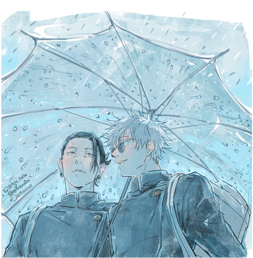 2boys bag black_hair blue_eyes fris_fails from_below getou_suguru gojou_satoru hair_pulled_back hashtag-only_commentary highres jujutsu_kaisen jujutsu_tech_uniform long_sleeves male_focus multiple_boys plug_(piercing) rain round_eyewear short_hair teeth transparent transparent_umbrella umbrella upper_body white_hair