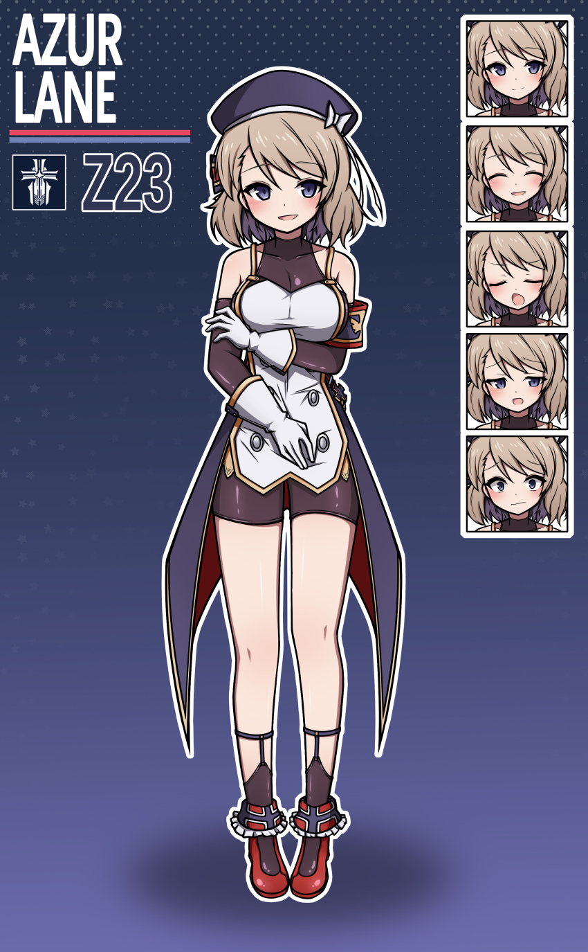 1girl :d ^_^ absurdres arm_under_breasts armband azur_lane bare_shoulders blue_background blue_hat blue_jacket blush bow breasts brown_hair brown_sleeves brown_socks character_name cleavage closed_eyes commentary_request detached_sleeves dress full_body gloves grey_eyes hair_bow hat highres jacket long_sleeves medium_breasts multiple_expressions open_mouth red_shoes rock_zinc see-through_cleavage see-through_clothes shoes smile socks standing striped_bow white_dress white_gloves z23_(azur_lane)
