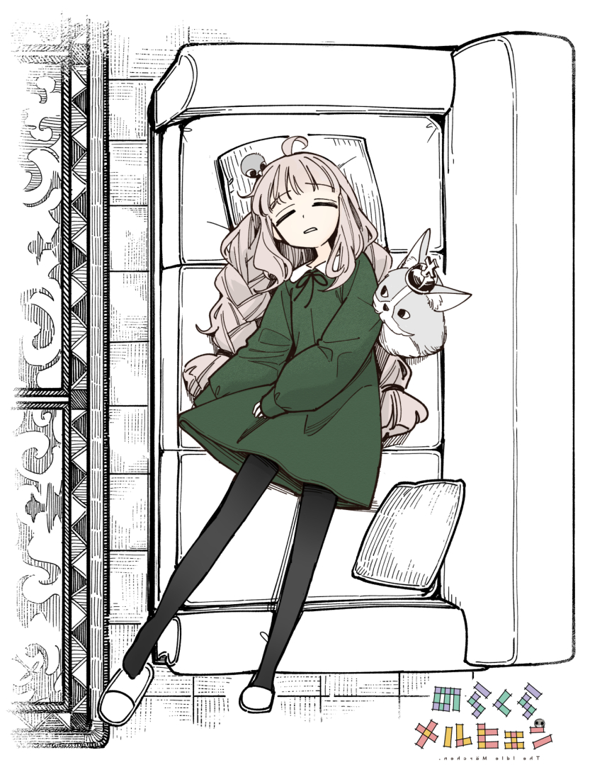 1girl ahoge black_pantyhose braid carpet cat closed_eyes couch crown dorothy_(norakura_marchen) dress full_body green_dress grey_hair head_on_pillow highres hinoshita_akame indoors long_hair long_sleeves low_twin_braids lying norakura_marchen on_back on_couch pantyhose partially_colored pillow puffy_long_sleeves puffy_sleeves single_slipper sleeping slippers solo tile_floor tiles twin_braids unworn_slippers very_long_hair