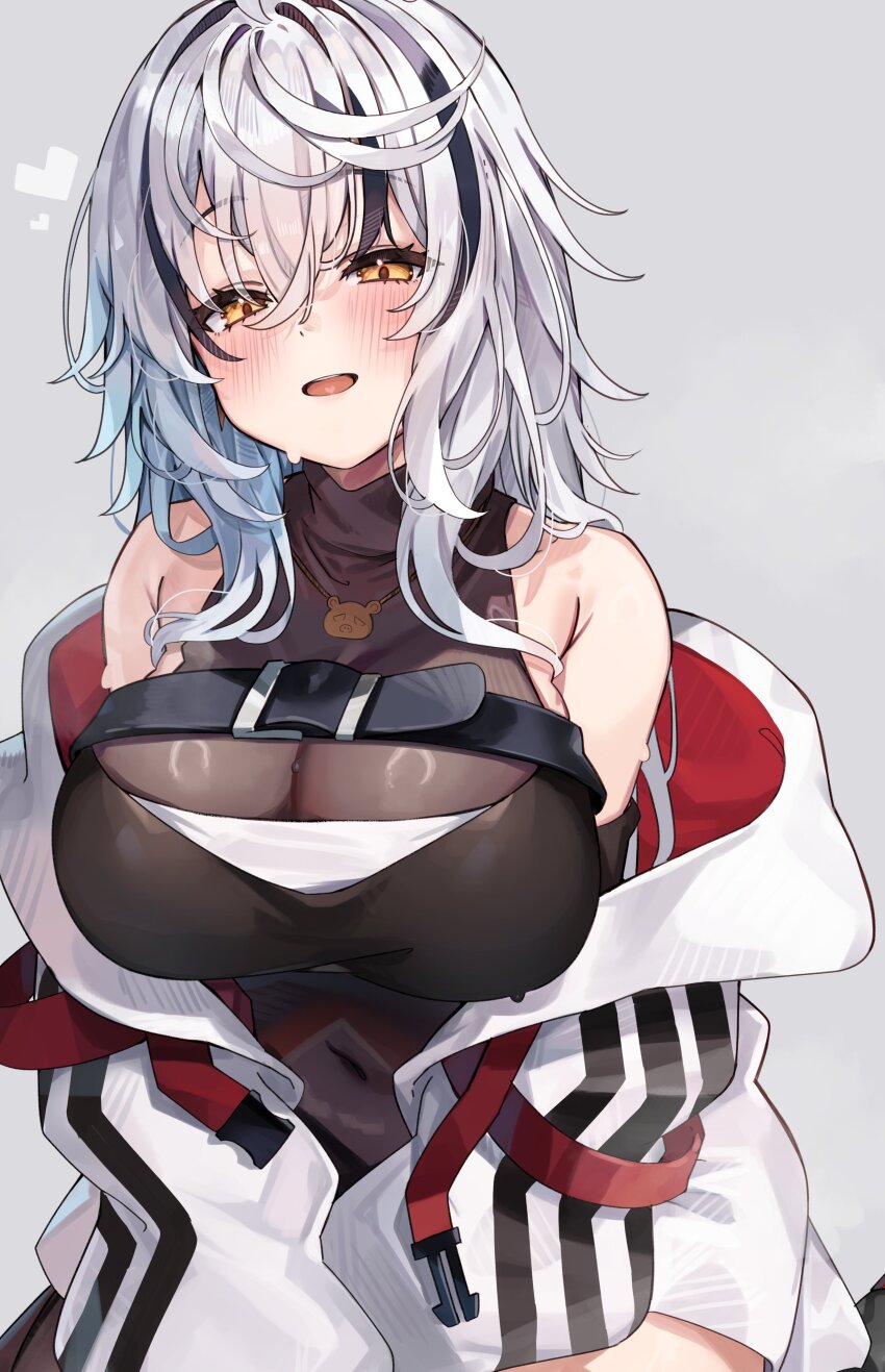 1girl absurdres bare_shoulders belt black_belt black_hair black_leotard breasts chest_belt commentary_request commission covered_navel grey_background grey_hair hair_between_eyes heart highres indie_virtual_youtuber jacket kuroshiro_kanae large_breasts leotard long_hair looking_at_viewer multicolored_hair off_shoulder open_clothes open_jacket simple_background skeb_commission solo streaked_hair sweat virtual_youtuber white_jacket yabuuchi_panda yellow_eyes