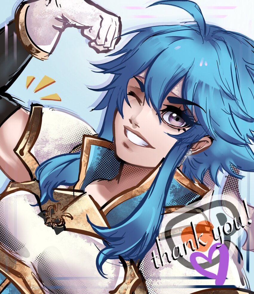 1girl ahoge armor biceps blue_hair blue_tunic breastplate commentary commission earrings elbow_gloves fire_emblem fire_emblem:_genealogy_of_the_holy_war flexing gloves headband highres if_they_mated jewelry ko-fi_commission looking_at_viewer nintendo one_eye_closed original popped_collar purple_eyes selia shoulder_armor sidelocks smile solo tomboy tunic white_headband zantetsukennn
