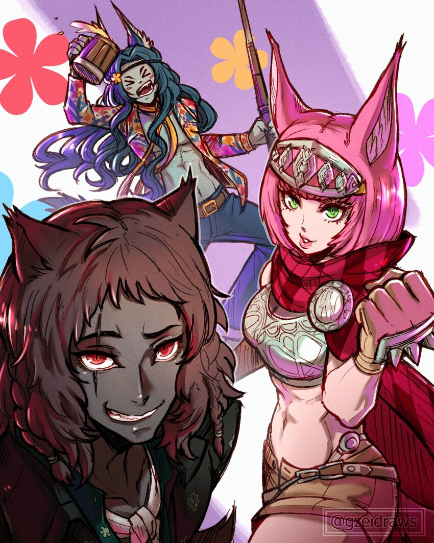 &gt;_&lt; 1girl 2boys animal_ear_fluff animal_ears artist_name basilio_(metaphor:_refantazio) belt black_skin blue_hair blue_pants blue_skin brown_hair brown_shorts catherina_(metaphor:_refantazio) clenched_hand colored_skin commentary denim english_commentary eyelashes gloves green_eyes gzei highres jeans long_hair looking_at_viewer loveless_(metaphor:_refantazio) metaphor:_refantazio multiple_boys navel open_clothes open_mouth open_shirt pants parted_lips pink_hair pink_lips raised_eyebrow red_eyes red_scarf scar scar_across_eye scar_on_face scarf shorts slit_pupils smile species_connection spiked_gloves teeth toned toned_female twitter_username