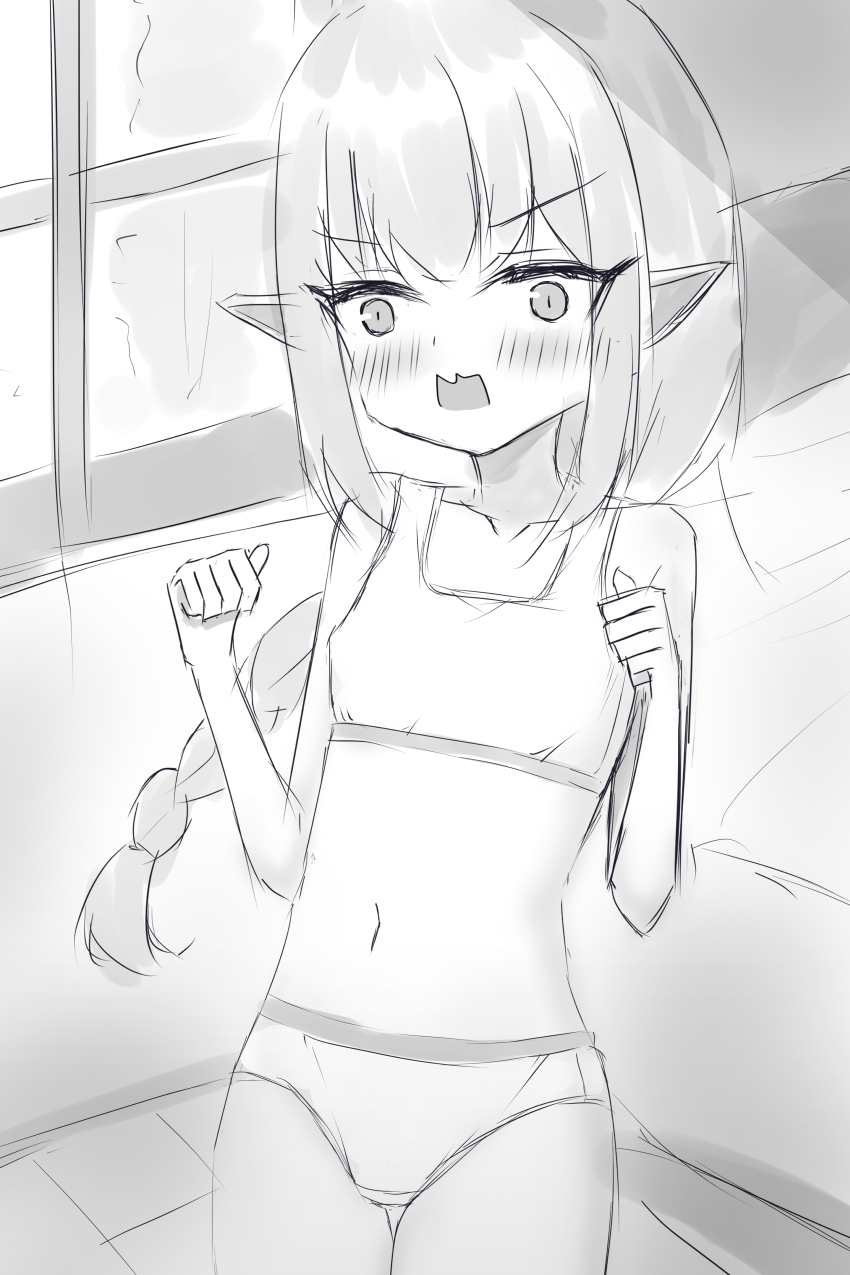 1girl bed bedroom blush bra braid breasts collarbone crotch_seam elf embarrassed loli long_hair looking_at_viewer monochrome navel open_mouth original panties pointy_ears shooko single_braid sketch small_breasts standing surprised underwear window