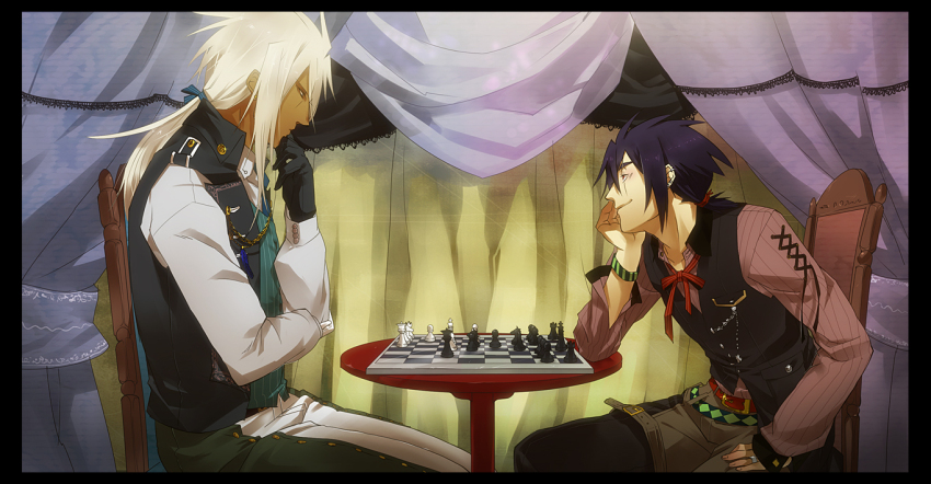 2boys belt black_eyes black_gloves black_hair black_pants black_vest board_game bracelet brown_shorts chess chessboard collar_chain_(jewelry) crossed_arms curtains dappled_sunlight dress_shirt elbow_on_arm elbow_rest facing_another facing_to_the_side gloves green_necktie green_pants green_vest gurast hair_slicked_back hand_on_own_chin hand_on_own_leg hand_on_own_thigh indoors jewelry leaning_forward looking_at_another looking_at_object looking_down loose_neck_ribbon loose_necktie male_focus mature_male multiple_boys neck_ribbon necktie on_chair original outdoors pants pink_shirt playing_chess ponytail popped_collar red_belt red_ribbon ribbon scar scar_across_eye scar_on_face shirt shorts sleeves_past_wrists smirk striped_clothes striped_shirt sunlight table tan thinking vertical-striped_clothes vertical-striped_shirt vest white_hair white_pants white_shirt wooden_chair wooden_table