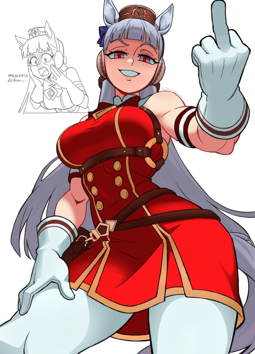 1girl animal_ears armband belt_pouch blunt_bangs bow bowtie breasts brown_hat cyrillic dress ear_bow gloves gold_ship_(red_strife)_(umamusume) gold_ship_(umamusume) grey_hair hat highres horse_ears horse_girl horse_tail large_breasts leggings long_hair looking_at_viewer middle_finger open_mouth pantyhose parta_228 pillbox_hat pouch purple_bow purple_eyes red_armband red_dress sleeveless sleeveless_dress smile striped_armband striped_clothes tail umamusume white_armband white_gloves white_leggings white_pantyhose