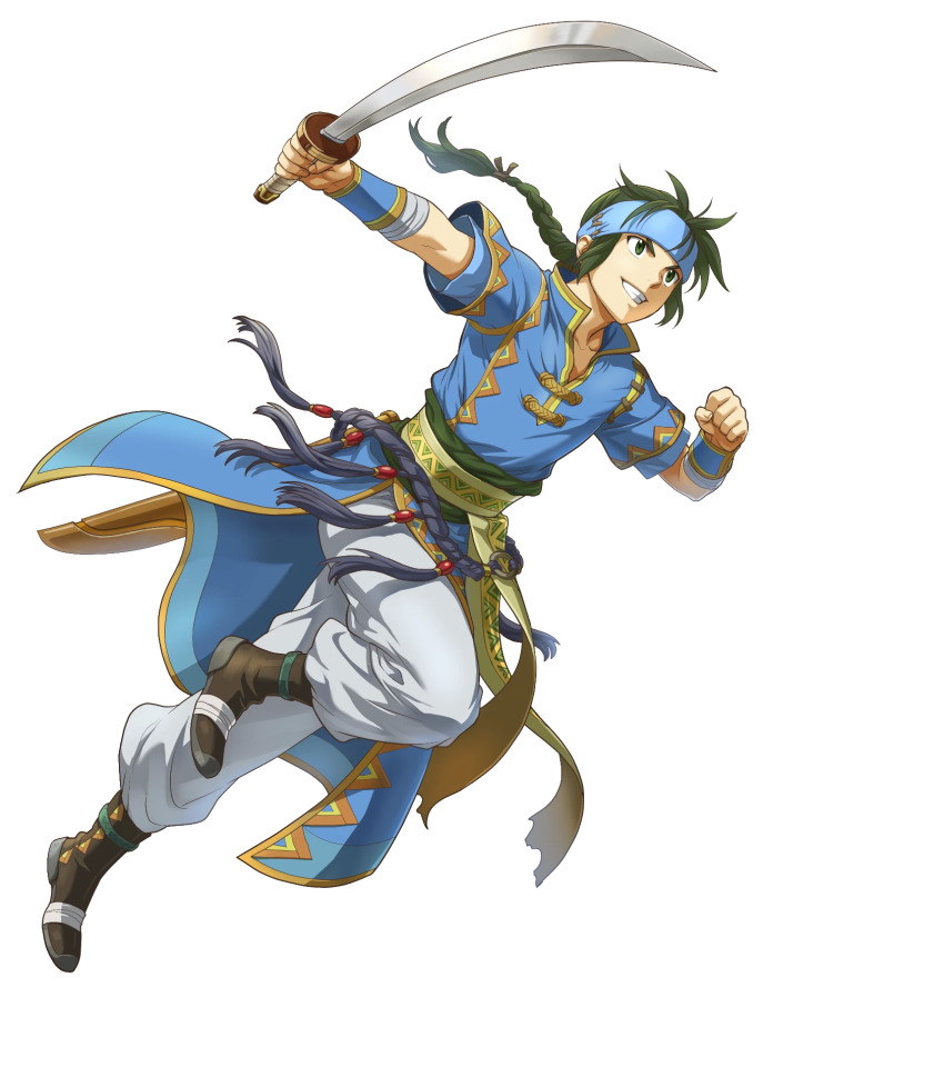 1boy belt braid clenched_hand fire_emblem fire_emblem:_the_blazing_blade fire_emblem_heroes full_body gold_trim green_eyes green_hair guy_(fire_emblem) headband highres holding holding_sword holding_weapon indesign leg_up long_hair looking_away male_focus nintendo non-web_source noots official_art pants parted_lips pelvic_curtain short_sleeves single_braid slashing smile solo sword teeth transparent_background weapon
