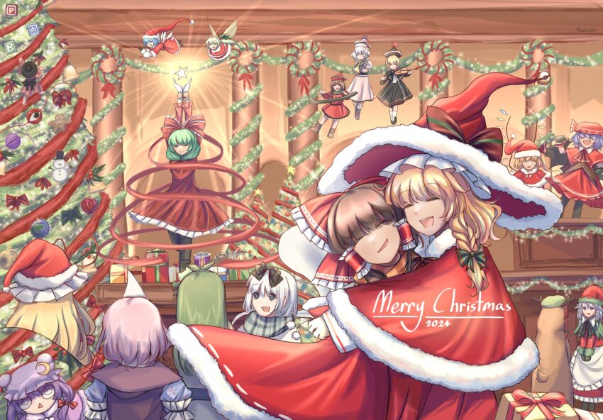 2024 6+girls alternate_costume alternate_headwear_color animal_costume apron ascot bat_wings bell blonde_hair blue_hair bomb_item_(touhou) bow bowl bowl_hat box braid brown_hair capelet christmas_tree cirno climbing_tree closed_eyes commentary crescent crescent_hat_ornament crystal crystal_wings daiyousei detached_wings dress english_commentary english_text eyeball fairy fairy_wings flandre_scarlet flying frilled_bow frilled_hair_tubes frills fur-trimmed_capelet fur-trimmed_headwear fur_trim gift gift_box gingerbread_man glowing green_bow green_hair green_hat green_scarf grey_hair hair_bow hair_tubes hakurei_reimu hat hat_bell hat_bow hat_ornament hat_ribbon highres holding holding_microphone hong_meiling hug ice ice_wings indoors instrument izayoi_sakuya kagiyama_hina keyboard_(instrument) kirisame_marisa kochiya_sanae komeiji_koishi komeiji_satori konpaku_youmu long_hair long_sleeves lunasa_prismriver lyrica_prismriver merlin_prismriver merry_christmas microphone mini_person minigirl mixed-language_commentary mob_cap multiple_girls music open_mouth patchouli_knowledge pink_hair playing_instrument point_item_(touhou) power_item_(touhou) purple_hair red_ascot red_capelet red_dress red_ribbon reindeer_costume remilia_scarlet ribbon saigyouji_yuyuko santa_costume santa_dress santa_hat scarf seal_(animal) siblings side_braid singing single_braid sisters smile snowman star_(symbol) sukuna_shinmyoumaru there2007 touhou triangular_headpiece trumpet twin_braids violin waist_apron white_apron wings wrist_cuffs yakumo_yukari yuri