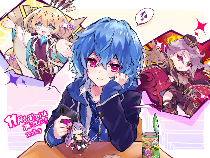 3girls ahoge almace_(phantom_of_the_kill) ancient_killers_(phantom_of_the_kill) aqua_eyes artist_name blazer blonde_hair blue_hair blue_hood blue_jacket blue_necktie braid buttons cellphone chair chibi chips_(food) classroom cloak closed_mouth commentary_request cowboy_shot crossed_bangs desk floating_cape floating_headgear food gloves grey_hair hair_between_eyes hat head_rest holding holding_phone hood hood_down hooded_jacket jacket light_blush long_sleeves looking_at_object looking_at_viewer mascot multiple_girls musical_note necktie official_alternate_costume official_art on_chair open_mouth outstretched_arm outstretched_arms phantom_of_the_kill phone pink_eyes potato_chips ragnarok_(phantom_of_the_kill) red_cloak red_eyes red_necktie school_chair school_desk school_uniform second-party_source shirt short_hair sitting smartphone speech_bubble spoken_character spoken_musical_note straight-on suzumura_(gumi) tiphereth_(phantom_of_the_kill) titania_(phantom_of_the_kill) two-sided_cloak two-sided_fabric upper_body white_shirt