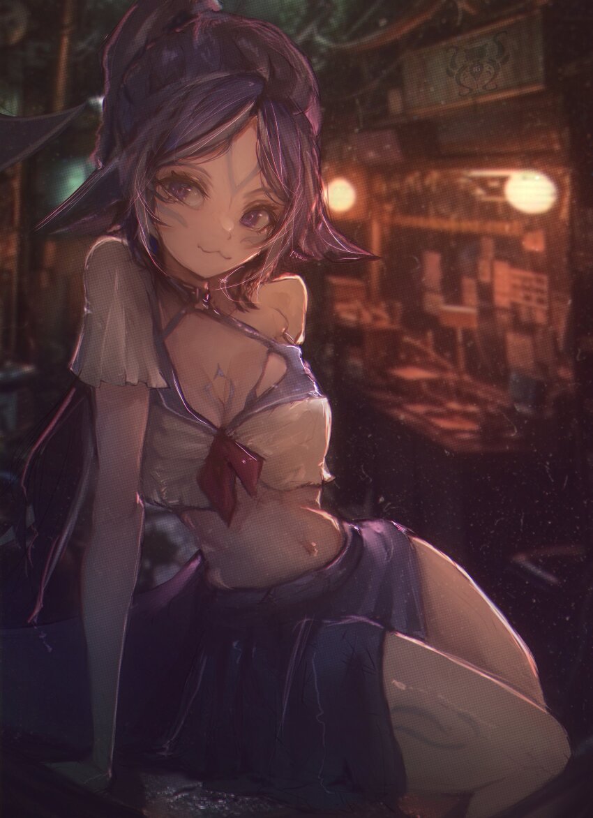 1girl :3 absurdres animal_ears belt_collar black_hair blue_collar blue_skirt body_markings breasts cetacean_tail cleavage collar facial_mark fins fish_tail halterneck highres indie_virtual_youtuber large_breasts long_hair looking_at_viewer low_ponytail multicolored_hair orca_girl ponytail purple_eyes school_uniform serafuku shirt shylily shylily_(1st_costume) skirt smile solo streaked_hair tail taku_artworks virtual_youtuber white_hair white_serafuku white_shirt