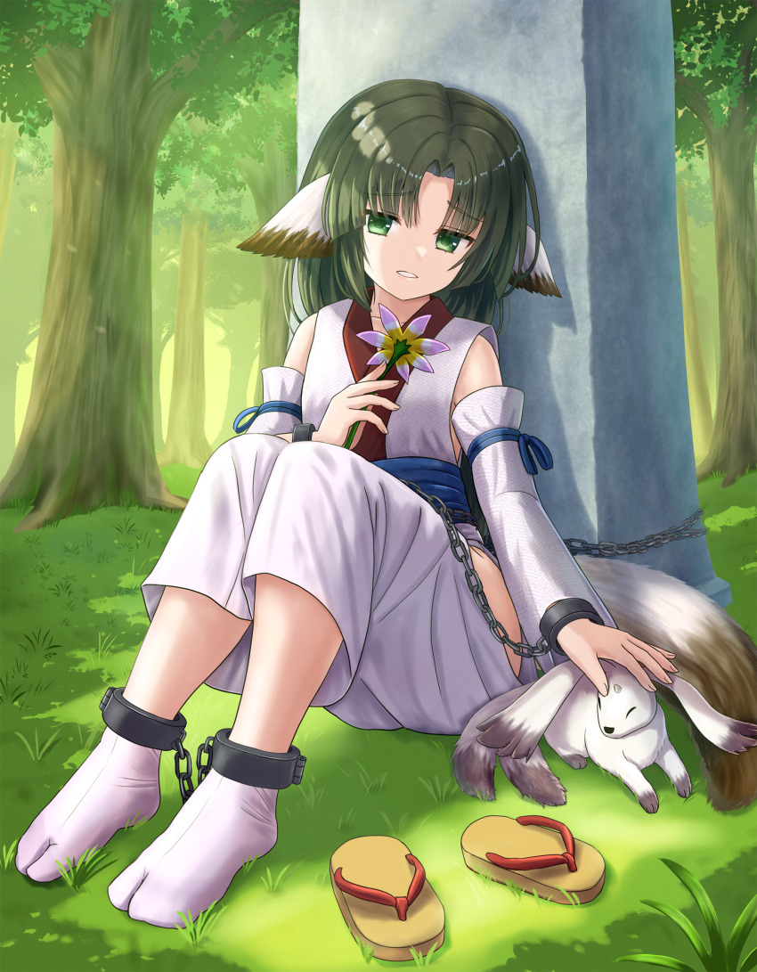 1girl absurdres animal_ears aruruu brown_sandals chain commission cuffs day detached_sleeves flower forest gachatara green_eyes green_hair highres holding holding_flower iroha_(iroha_matsurika) japanese_clothes kimono knees_up long_hair long_sleeves nature obelisk outdoors parted_bangs parted_lips petting pink_flower pixiv_commission sandals solo tabi tree utawarerumono utawarerumono:_itsuwari_no_kamen white_kimono white_sleeves wide_sleeves zouri