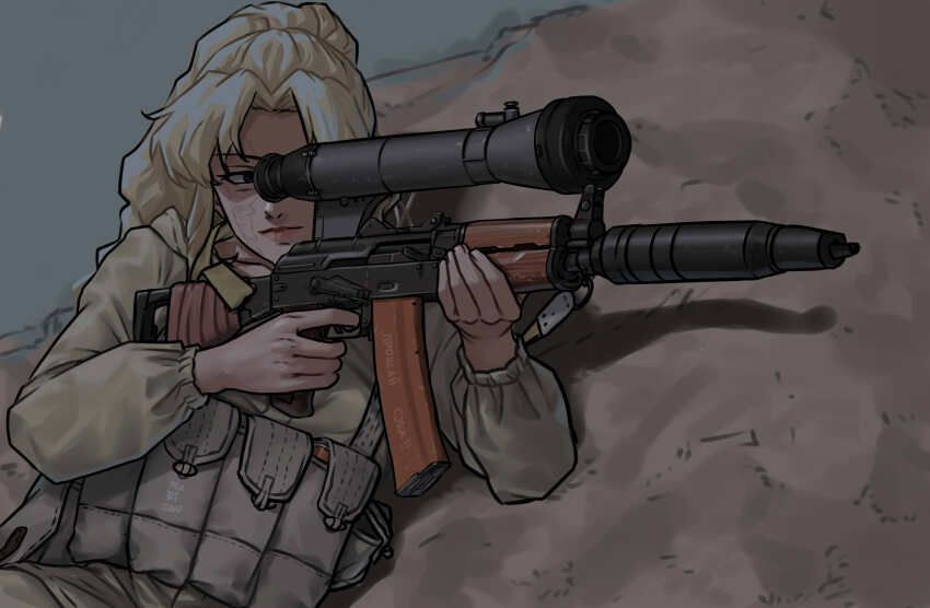 1girl 1pn58 absurdres aiming aks-74u ammunition_pouch assault_rifle balalaika_(black_lagoon) black_lagoon blonde_hair gun highres kalashnikov_rifle long_hair mardjan military military_combat_uniform military_uniform night_vision_device pouch rifle snowing solo suppressor weapon