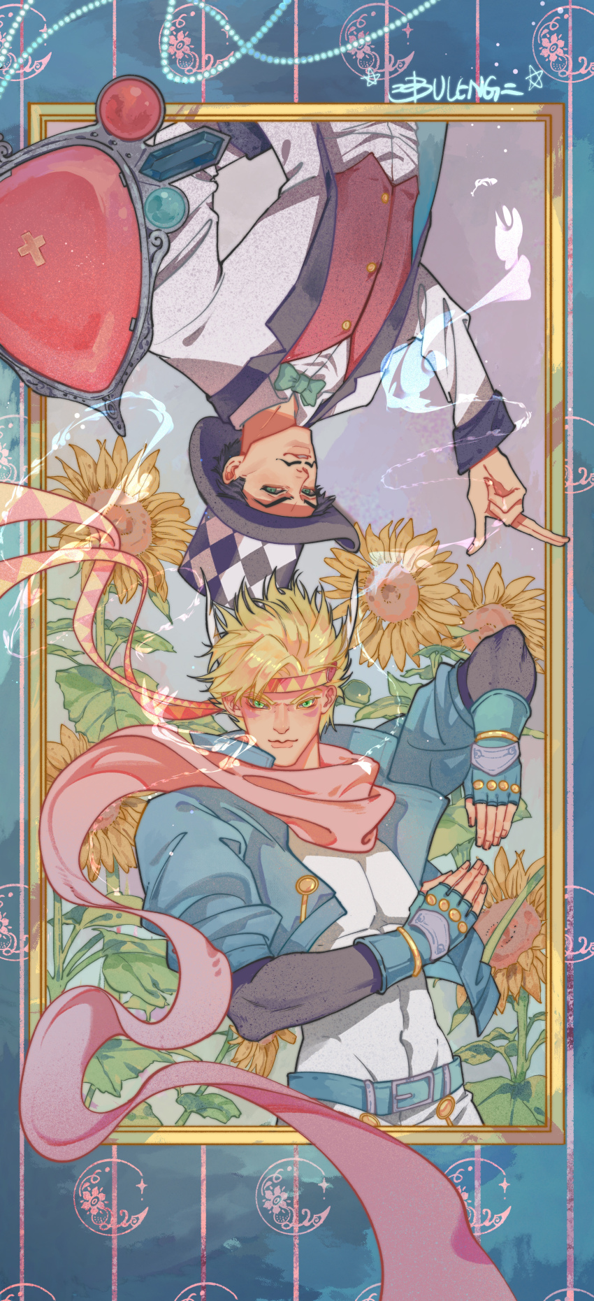 2boys absurdres arm_behind_back arm_up artist_name beads belt black_hair blonde_hair blue_belt blue_gloves blue_jacket bow bowtie buleng buttons caesar_anthonio_zeppeli checkered_clothes checkered_hat chinese_commentary closed_mouth coat collared_shirt commentary_request covered_navel facial_hair facial_mark feather_hair_ornament feathers fingerless_gloves flower formal_clothes framed gloves grandfather_and_grandson green_eyes green_neckwear groin hair_ornament hand_up hat headband highres jacket jojo_no_kimyou_na_bouken lapels long_sleeves looking_at_viewer male_focus multiple_boys mustache outside_border parted_lips pink_scarf red_stone_of_aja scarf shirt sleeve_cuffs star_(symbol) striped_background suit sunflower time_paradox top_hat triangle_print upper_body upside-down vertical_stripes white_coat white_shirt white_suit will_anthonio_zeppeli yellow_flower
