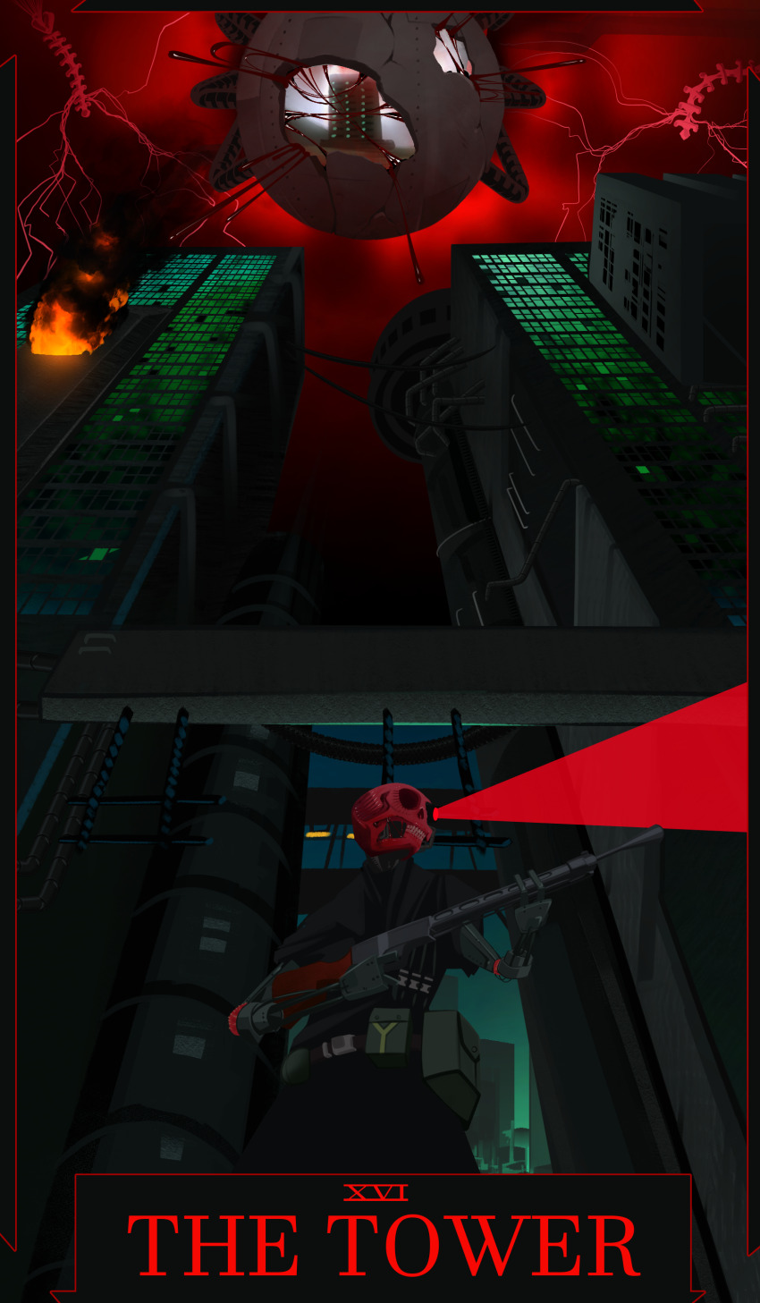 1boy absurdres ammunition_pouch architecture belgrade bleeding blood border building burning burning_building cable card_(medium) color_contrast commentary concrete cyborg english_commentary english_text exposed_muscle finger_on_trigger fire floating floating_object from_below glowing glowing_eye gun highres holding holding_gun holding_weapon industrial_pipe lightning looking_to_the_side mechanical_arms missing_eye nonahobb one-eyed orb overcast peripeteia perspective portal_(object) pouch prosthesis prosthetic_arm real_world_location rebar red_clouds red_light red_lightning red_sky roman_numeral serbia single_mechanical_eye skull sky skyscraper solo spine standing tarot tarot_(medium) teeth the_tower_(tarot) turning_head vanishing_point warden_(peripeteia) weapon weapon_request western_city_gate wide_shot zombie