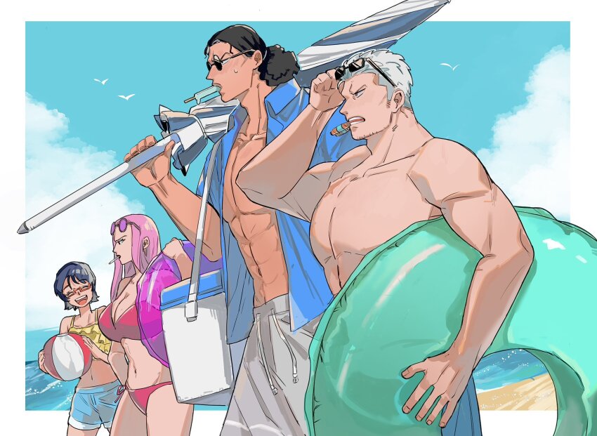 ^_^ aokiji_(one_piece) balloon bikini black_hair blue_shirt cigar cigarette closed_eyes closed_mouth commentary english_commentary eyewear_on_head glasses highres hina_(one_piece) holding holding_balloon innertube long_hair looking_ahead maruwoz one_piece open_clothes open_mouth open_shirt pink_hair ponytail profile shirt short_hair shorts sky smoker_(one_piece) swim_ring swimsuit topless_male white_hair
