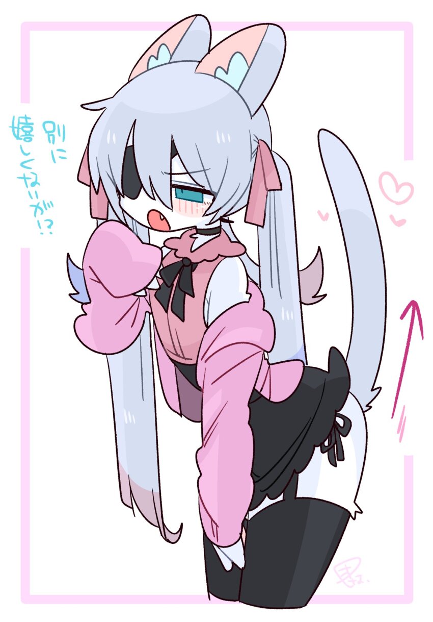 1boy :o animal_ear_fluff animal_ears arched_back armpit_crease arrow_(symbol) bare_shoulders black_choker black_corset black_panties black_ribbon black_skirt black_thighhighs blue_eyes blue_hair blush body_fur bow cardigan cat_boy cat_ears cat_tail choker collared_shirt colored_tips commentary corset cowboy_shot crossdressing crossdressing_(mtf) double-parted_bangs eyepatch fang flipped_hair frilled_shirt_collar frills from_side furrification furry furry_male garter_straps hair_between_eyes hair_bow hand_up heart highres leaning_forward long_hair long_sleeves male_focus miniskirt multicolored_hair narrowed_eyes neck_ribbon no_nose off_shoulder one_eye_covered op_na_yarou open_cardigan open_clothes open_mouth original panties panty_straps pink_bow pink_cardigan pink_shirt quad_tails red_hair ribbon rigel_(op_na_yarou) shirt side-tie_panties sidelocks simple_background skirt sleeveless sleeveless_shirt sleeves_past_fingers sleeves_past_wrists solo standing straight_hair tail tail_raised thighhighs thighs trap underwear v-shaped_eyebrows very_long_hair watermark white_background white_fur white_hair