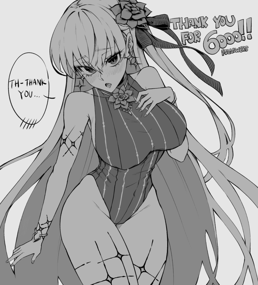 1girl arm_up bow breasts choppy_bangs collarbone commentary covered_navel cowboy_shot english_commentary english_text fate/grand_order fate_(series) floating_hair groin hair_bow highres jeffraeson kama_(fate) kama_(swimsuit_avenger)_(third_ascension)_(fate) large_breasts leotard long_hair looking_at_viewer monochrome open_mouth simple_background solo speech_bubble striped_clothes striped_leotard tattoo thick_thighs thighs type-moon upper_body white_background