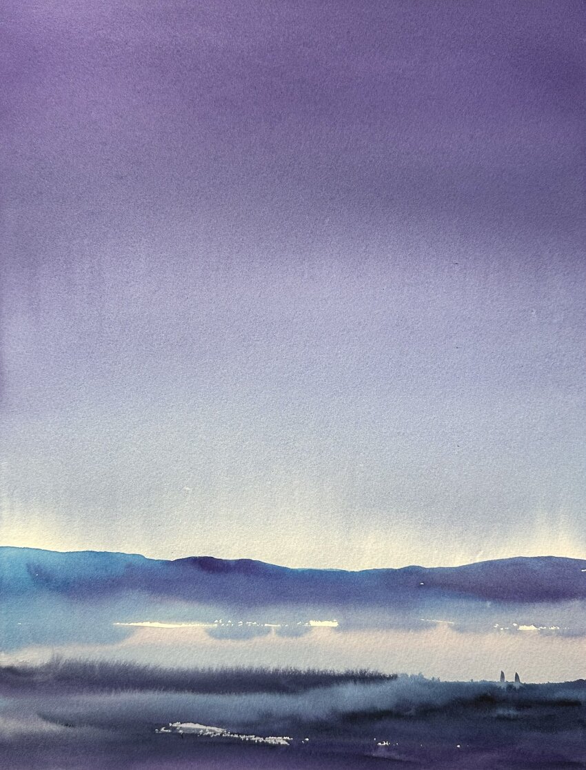 2others blue_sky dawn day highres hill horizon lake morning mouen_tw multiple_others original outdoors painting_(medium) reflection reflective_water scenery sky snow traditional_media water watercolor_(medium)