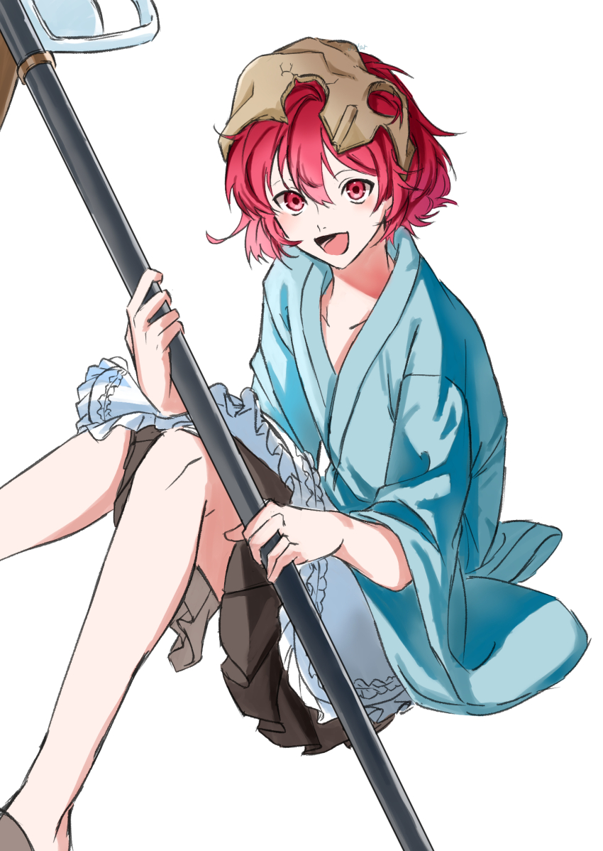 1other androgynous apron bare_legs blue_kimono brown_hakama brown_helmet brown_slippers collarbone commentary_request feet_out_of_frame frilled_apron frills hair_between_eyes hakama hakama_short_skirt hakama_skirt hammer happy helmet highres holding holding_hammer japanese_clothes katano_sukune katano_sukune&#039;s_bottle_opener kimono knees_up len&#039;en light_blush long_sleeves looking_at_viewer lower_teeth_only open_mouth other_focus red_eyes red_hair short_hair short_kimono simple_background sitting skirt slippers smile solo teeth waist_apron white_apron white_background wide_sleeves yoni.
