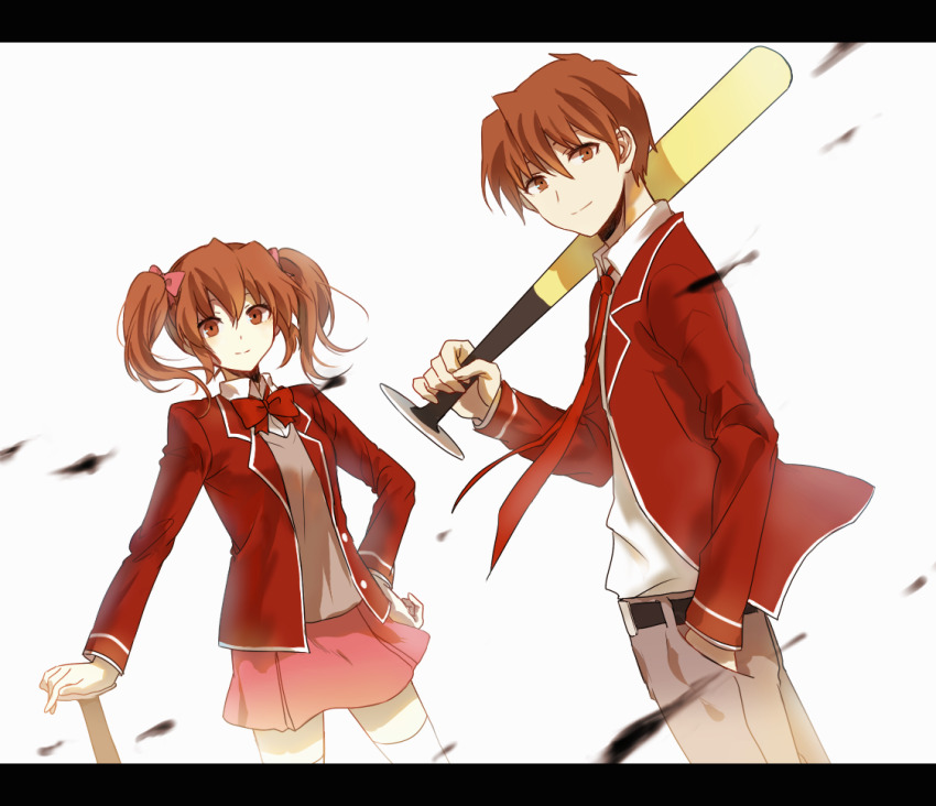 1boy 1girl aaniko baseball_bat belt black_belt blazer bow bowtie brown_eyes brown_hair buttons carrying_over_shoulder closed_mouth collared_jacket cowboy_shot dutch_angle from_side full_body grey_pants grey_vest hair_between_eyes hair_bow hand_in_pocket hand_on_own_hip holding holding_baseball_bat jacket letterboxed long_sleeves looking_at_viewer misao narukami_aki_(female) narukami_aki_(male) necktie open_clothes open_jacket pants pink_bow pleated_skirt red_bow red_bowtie red_jacket red_necktie red_skirt shirt short_hair simple_background skirt socks standing twintails unbuttoned vest white_background white_shirt white_socks white_trim