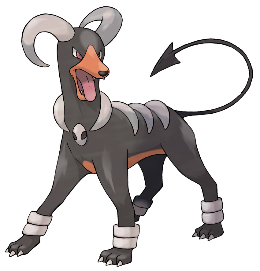 animal_focus claws demon_tail fangs full_body gen_2_pokemon highres horns houndoom nintendo no_humans official_art open_mouth pokemon pokemon_(creature) pokemon_focus pokemon_frlg red_eyes solo sugimori_ken tail third-party_source tongue tongue_out transparent_background