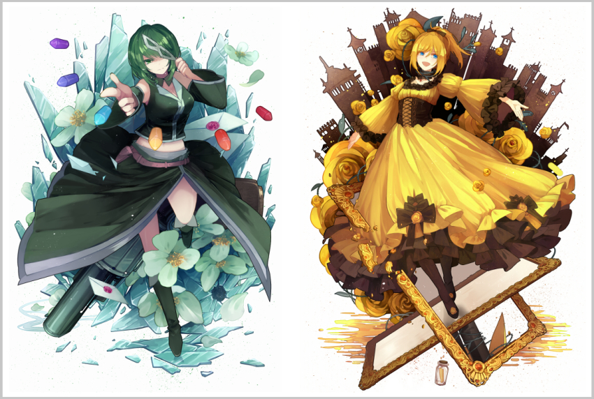 2girls aku_no_musume_(vocaloid) black_legwear blonde_hair blue_eyes boots braid broken_glass bullet bullet_hole castle corset creator_connection crop_top crossdraw_holster detached_sleeves disembodied_head domino_mask dress evil_smile evillious_nendaiki flower framed frilled_dress frills frown glass green_hair gumi gun handgun high_ponytail holster kagamine_rin letter long_skirt lyodi mask mask_over_one_eye multiple_girls nemesis_no_juukou_(vocaloid) nemesis_sudou pantyhose picture_frame pointing pointing_at_viewer ponytail regret_message_(vocaloid) revolver riliane_lucifen_d&#039;autriche rose saigo_no_revolver_(vocaloid) side_braid skirt smile songover thorns vocaloid weapon white_flower yellow_dress yellow_flower yellow_rose