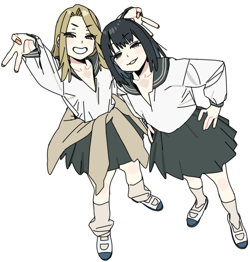 2girls black_hair blonde_hair gyaru highres imamura_ryou multiple_girls school_uniform seitokai_ni_mo_ana_wa_aru! shirt v white_background white_shirt