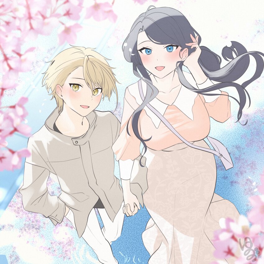 1boy 1girl absurdres asuma_mitsuya_(yunamaro) black_hair blonde_hair blue_eyes blush breasts cherry_blossoms collarbone grey_jacket grey_skirt hand_in_pocket highres holding_hands jacket long_hair open_mouth original pants pink_shirt shirt short_hair skirt white_pants yaotome_tsuyako_(yunamaro) yellow_eyes yunamaro