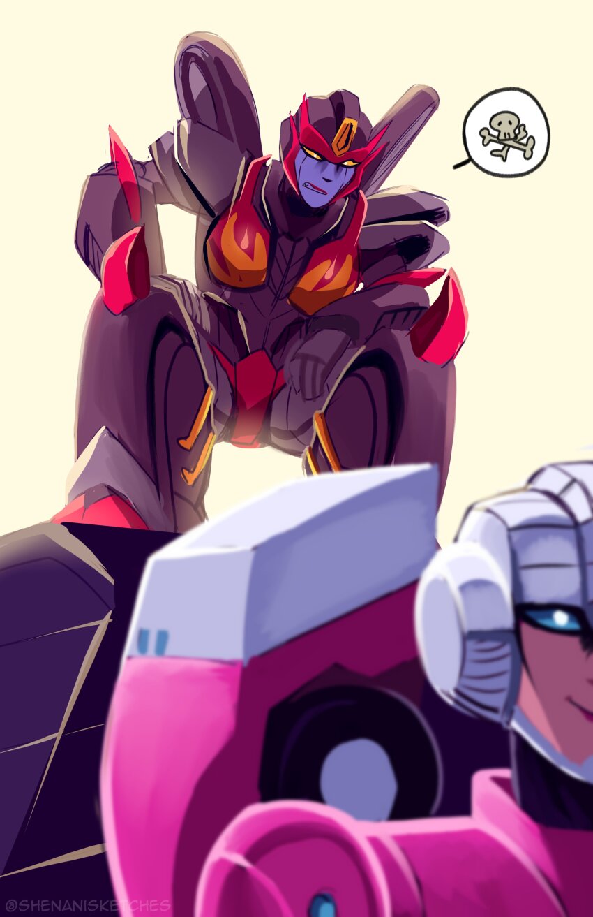 2girls absurdres arcee blue_eyes flame_print flamewar helmet highres humanoid_robot joints metal_skin multiple_girls orange_eyes pink_lips red_lips robot robot_girl robot_joints shenani squatting the_transformers_(idw) transformers wheel
