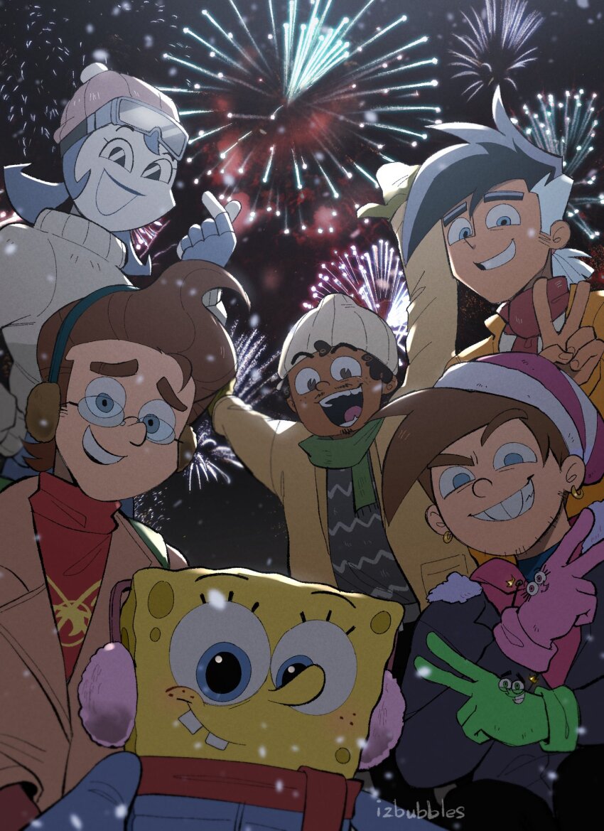 1girl 5boys ahoge animification artist_name bandaid black_hair breasts brown_hair buck_teeth censored character_request copyright_request crossover danny_fenton danny_phantom earrings el_tigre glasses gloves hat highres holding izzy_(izbubbles) jenny_wakeman jewelry jimmy_neutron jimmy_neutron_(series) looking_at_viewer monochrome multiple_boys my_life_as_a_teenage_robot nickelodeon nicktoons_unite! open_mouth paramount_pictures pink_headwear ponytail scarf shirt short_hair smile spongebob_squarepants spongebob_squarepants_(series) teeth the_fairly_oddparents timmy_turner upper_body wanda_(fairly_oddparents) white_hair