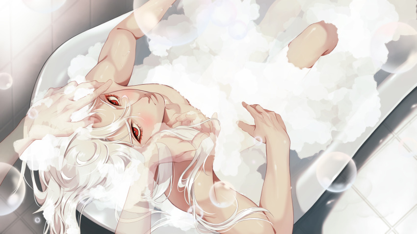 a_date_with_death aegyo_sal bathing bathroom bathtub blush bubble casper_(a_date_with_death) convenient_censoring from_above hair_between_eyes highres in_bathtub knees_up leaning_back looking_at_viewer non-web_source nude official_art outstretched_arms pectoral_cleavage pectorals playing_with_another&#039;s_hair pov pov_hands red_eyes shampoo smile soap_bubbles soap_censor tile_floor tile_wall tiles viewer_self-insert washing_another washing_hair white_hair
