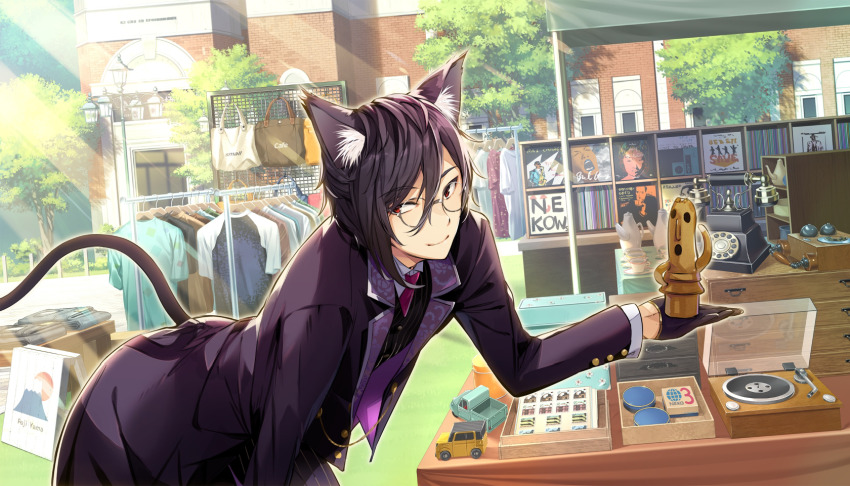 1boy album_cover animal_ear_fluff animal_ears antique_phone arched_back bag bend bent_over black_gloves black_shirt blue_shirt blue_truck bowl brown_shirt brown_tail building bush buttons car cat_boy cat_ears closed_mouth cover cup denim earth_symbol fennel_(nekopara_-_catboys_paradise) floral_print folded folded_clothes formal_clothes g_yuusuke game_cg glasses gloves green_shirt grey-framed_eyewear half_gloves haniwa_(statue) highres holding holding_instrument instrument jeans lamppost light_smile long_sleeves long_tail looking_to_the_side male_focus motor_vehicle multicolored_shirt music necktie nekopara_-_catboys_paradise nekopara_catboys_paradise non-web_source official_art open_mouth outdoors pants phone phonograph playing_instrument purple_hair purple_pants purple_suit record red_eyes red_necktie red_shirt round_eyewear saxophone shirt short_hair smile striped_clothes striped_pants striped_shirt striped_vest suit sunlight swept_bangs tail teapot toy toy_car toy_truck tree truck vest white_shirt yellow_car