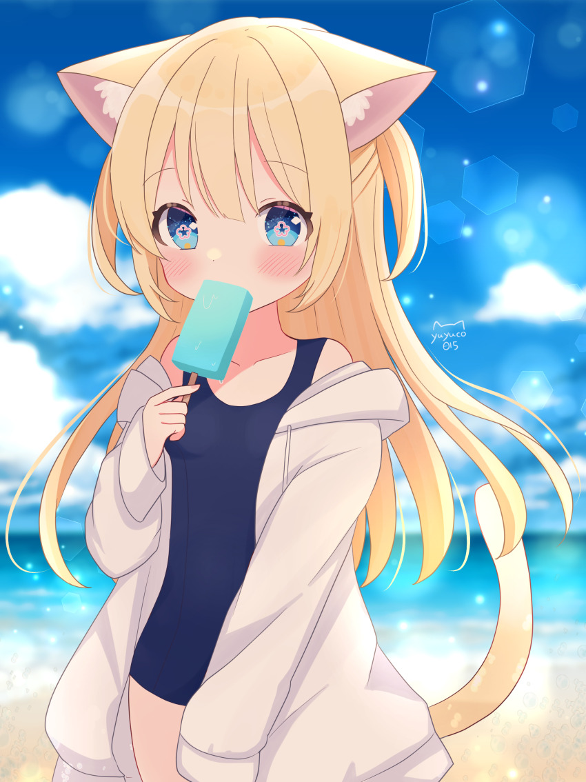 1girl absurdres animal_ear_fluff animal_ears artist_name beach blonde_hair blue_eyes blue_one-piece_swimsuit blurry blurry_background blush breasts cat_ears cat_girl cat_tail cloud cloudy_sky collarbone commentary_request cowboy_shot day dot_nose eating flower-shaped_pupils food hexagon highres holding holding_food holding_popsicle jacket long_hair looking_at_viewer nekomura_yuyuko ocean one-piece_swimsuit open_clothes open_jacket original outdoors popsicle school_swimsuit short_twintails sky small_breasts solo summer swimsuit symbol-shaped_pupils tail twintails two_side_up white_jacket